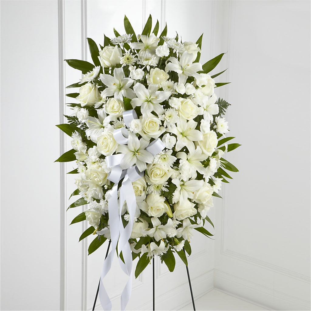 Exquisite Tribute Standing Spray-White Ribbon – EUTAW ACCENT FLOWERS & GIFTS, Eutaw AL