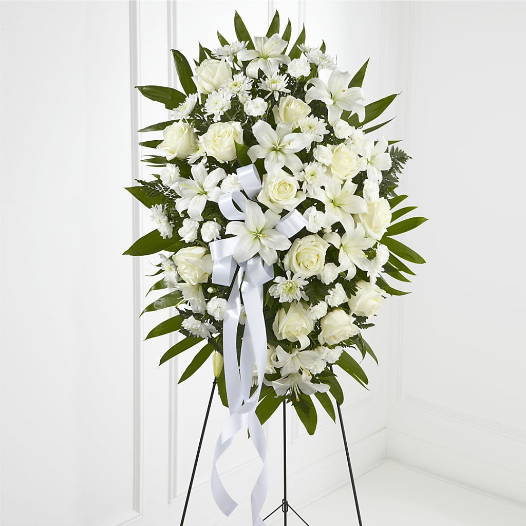 Exquisite Tribute Standing Spray-White Ribbon – EUTAW ACCENT FLOWERS & GIFTS, Eutaw AL