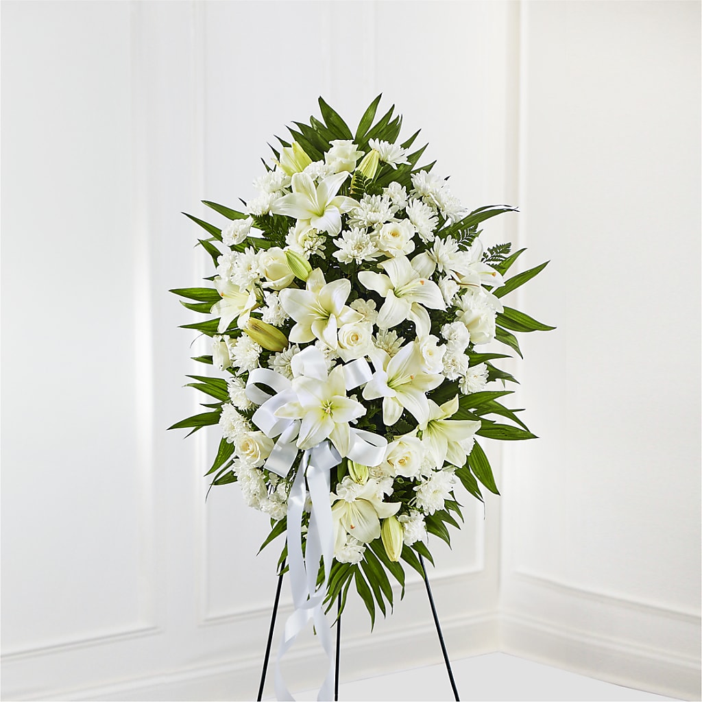 Exquisite Tribute Standing Spray-White Ribbon – EUTAW ACCENT FLOWERS & GIFTS, Eutaw AL